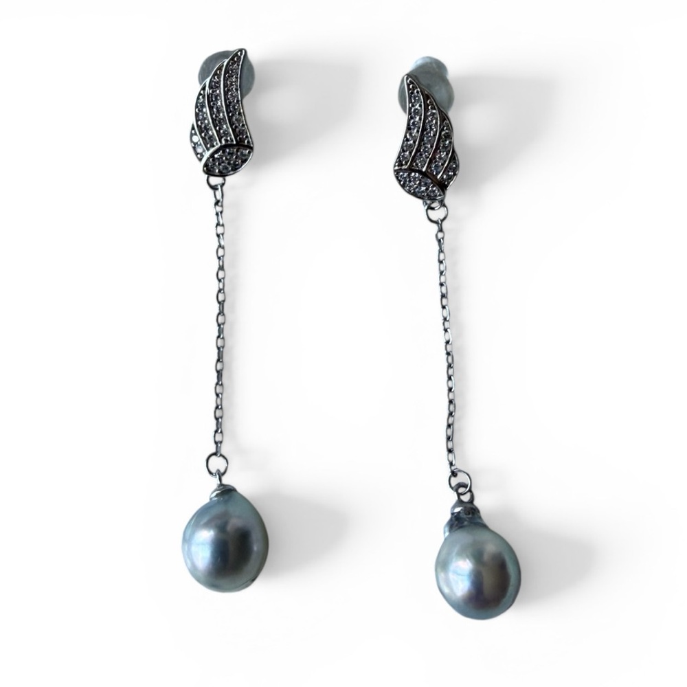 Baroque Akoya Saltwater Pearl Dangle Earrings 7.4mm Silver Blue Gray Angel Wing - Picture 2 of 4